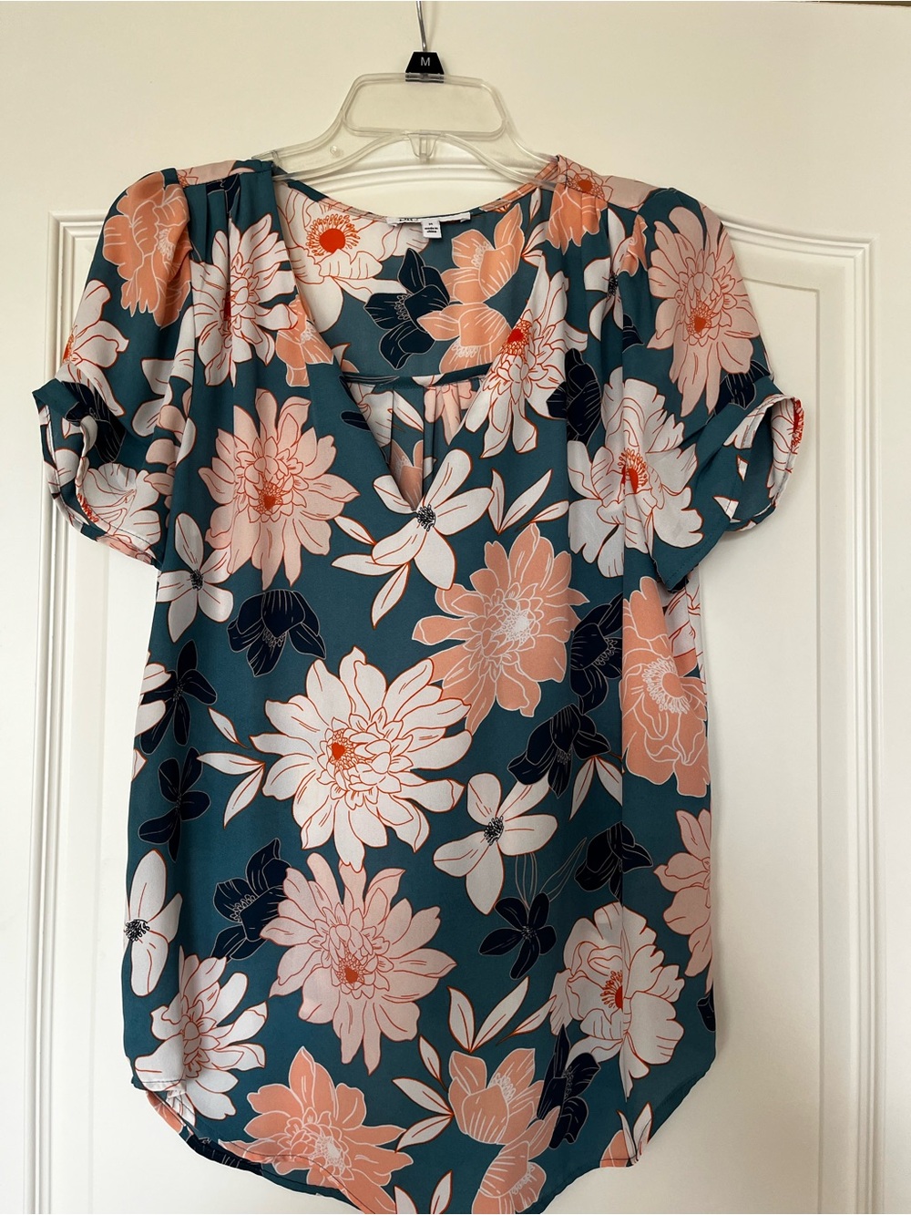 DR2 Teal Floral Short Sleeve Blouse with Peach Accents